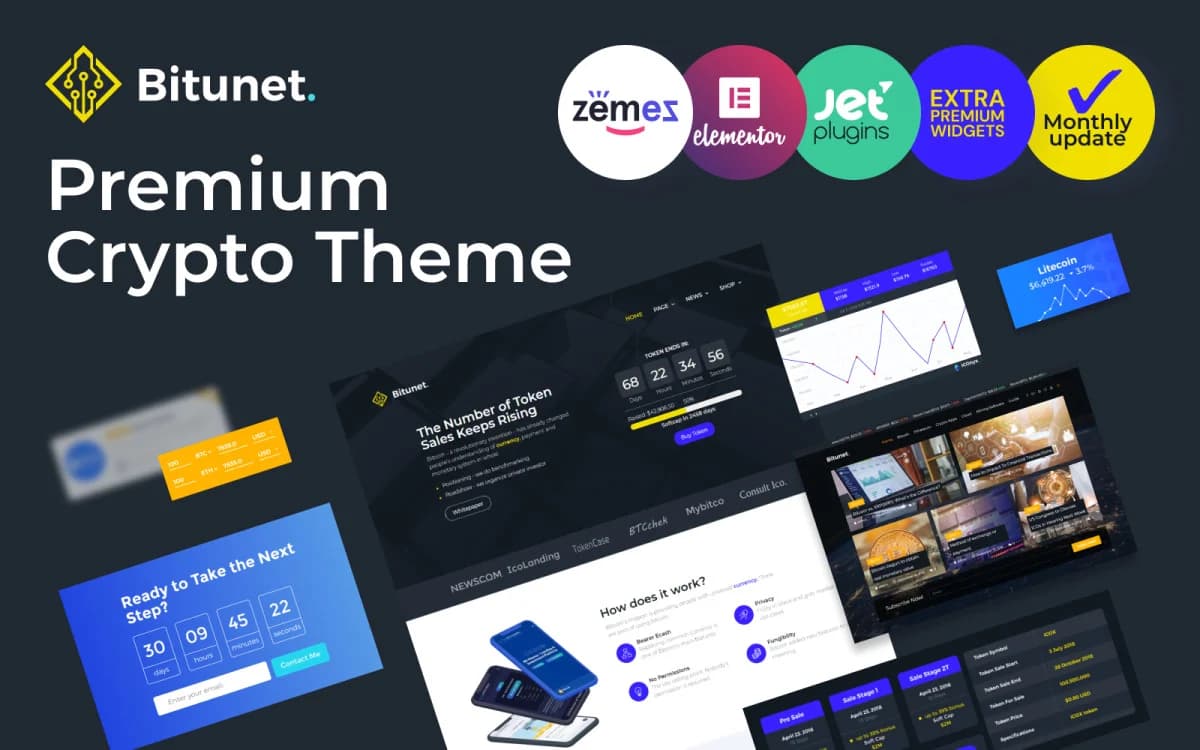 Bitunet - Cryptocurrency Blog WordPress Elementor Theme for Digital Currency Website