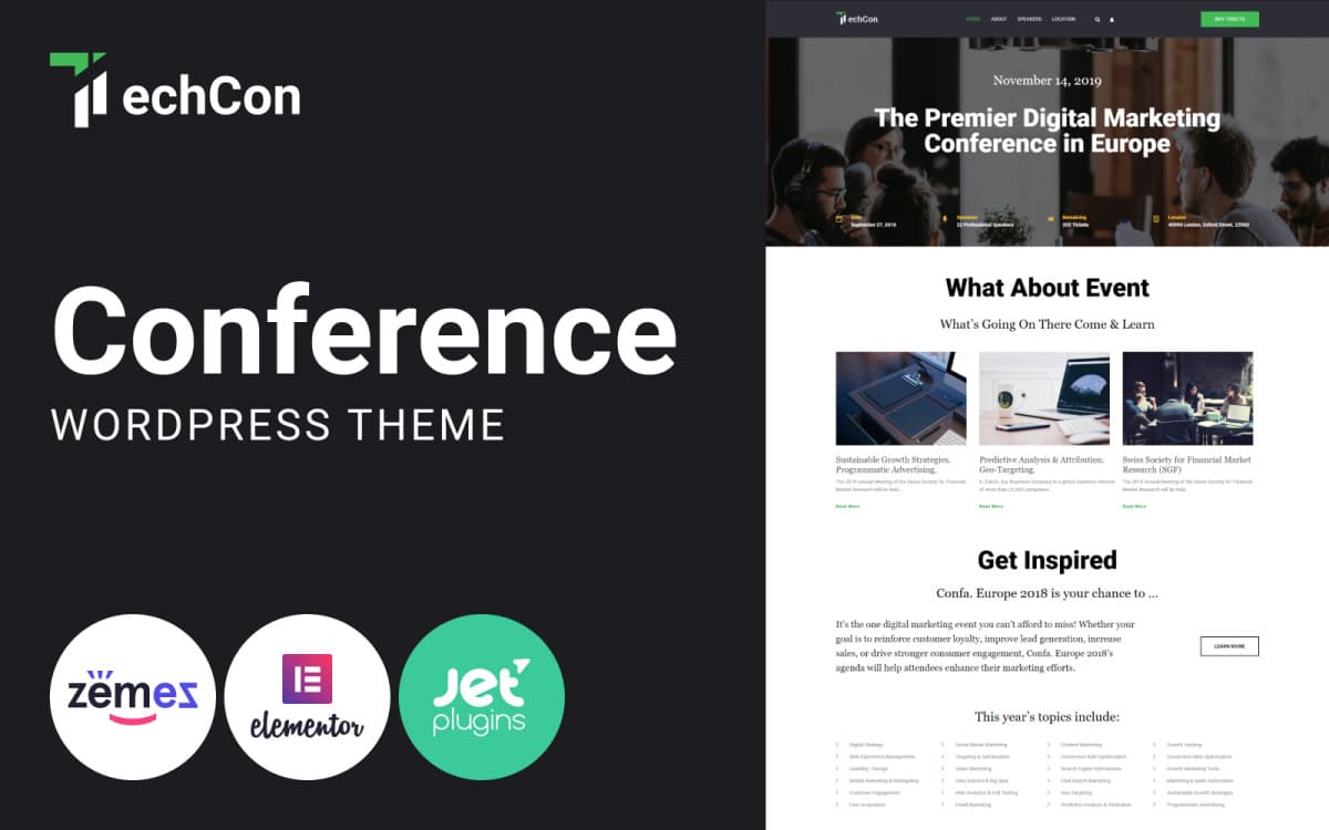 TechCon - Hackathon WordPress Elementor Theme for Tech Conference Website